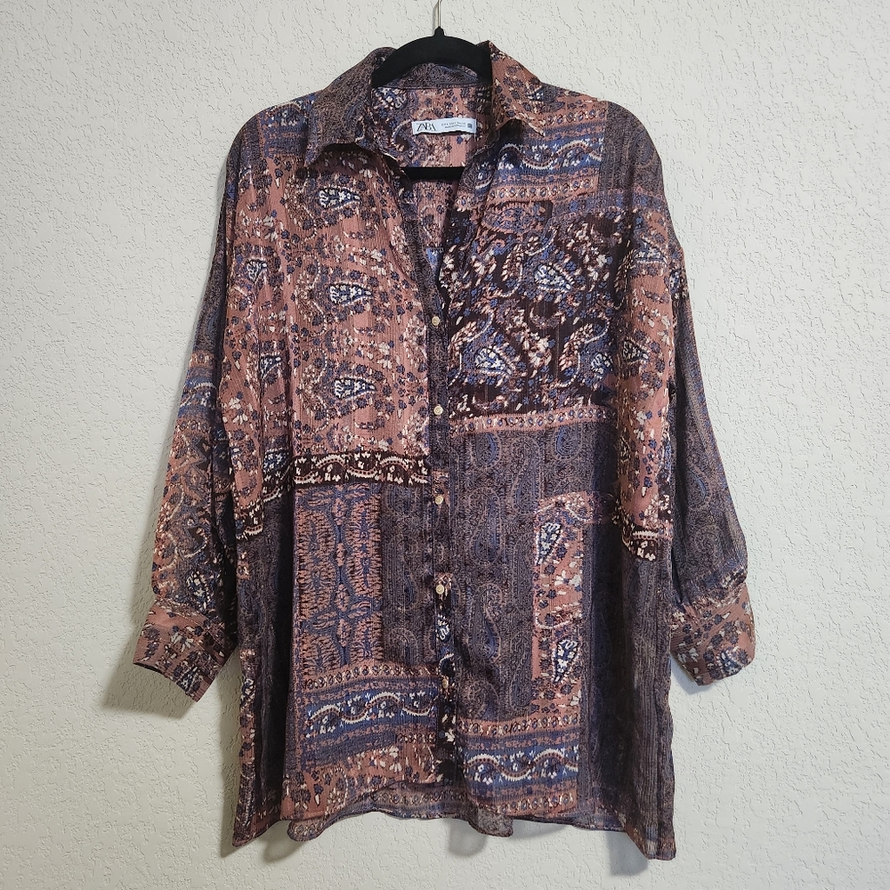 Zara Patchwork Paisley Print Shirt Oversized Bohemian-inspired Lightweight Sheer - Picture 2 of 16